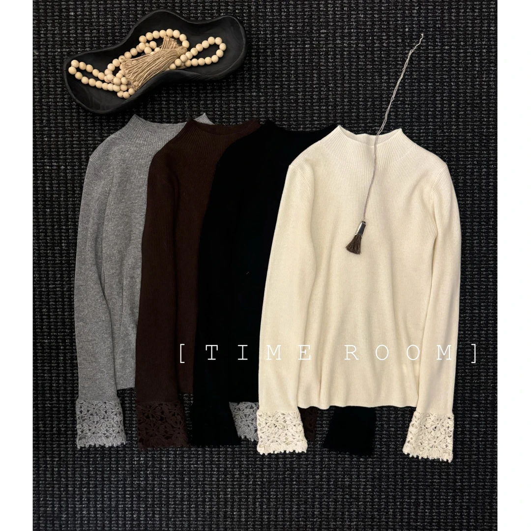 TIME ROOM 2025冬季新款全羊毛高领袖口提花打底衫