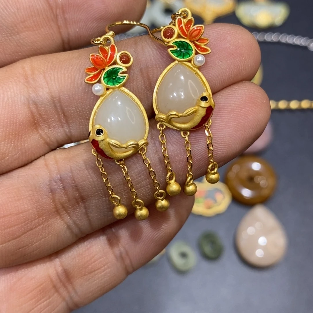 和田玉耳饰银S925镀金镶嵌冰****n