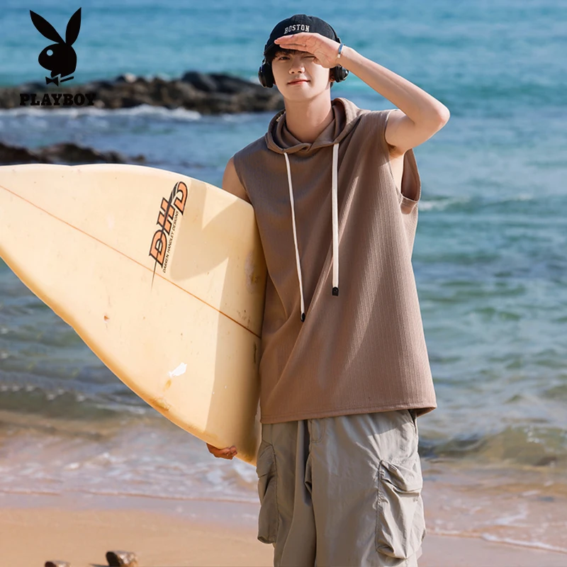 PLAYBOY/花花公子背心男款夏季连帽背心冰丝宽松运动透气无袖T恤