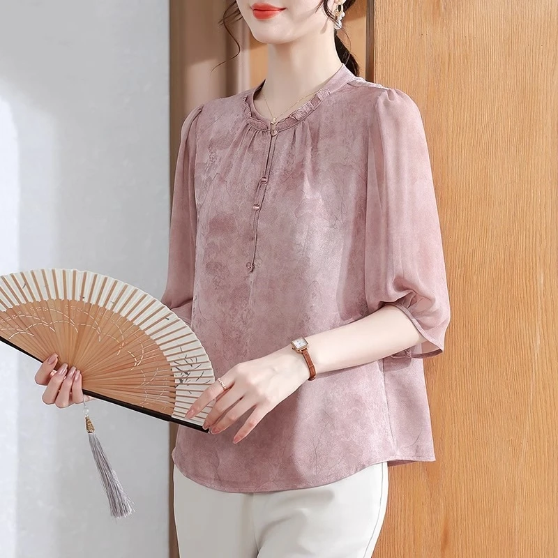 妈妈夏装新中式衬衫短袖上衣服2025新款中老年女夏季洋气T恤小衫