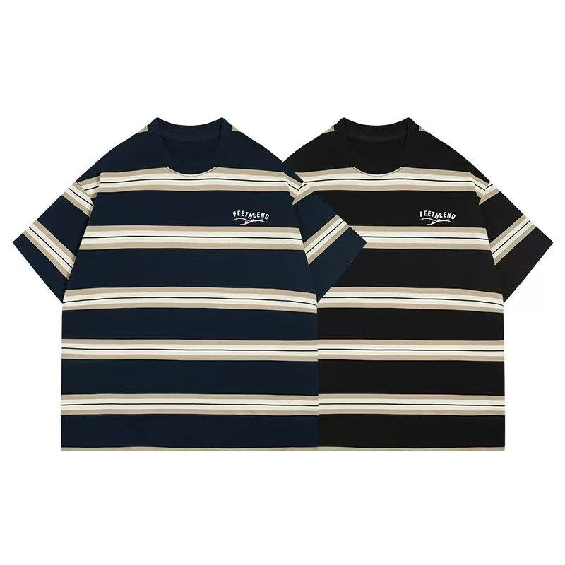 夏季时尚条纹宽松休闲质感T恤百搭舒适流行情侣男潮牌短袖-7049
