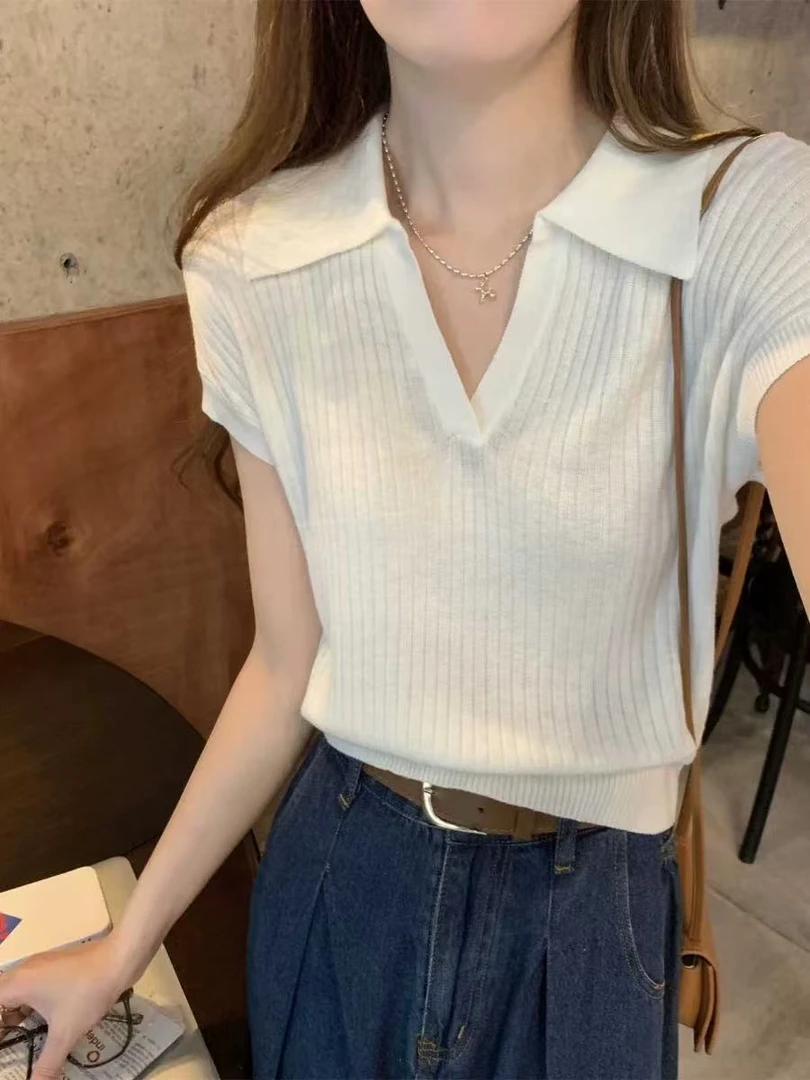 短款夏季polo短袖春季毛针织衫上衣设计感修身v领显瘦百搭网红