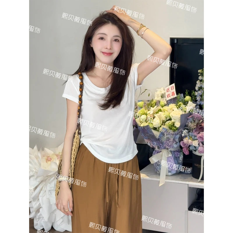 熙贝薇3 韩系纯色正肩收腰基础百搭夏季薄款小版短袖T恤 G7758