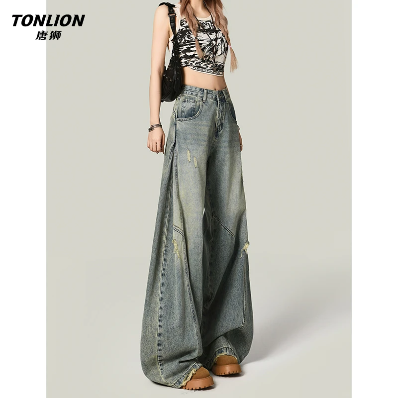 唐狮高街复古蓝破洞阔腿弯刀牛仔裤女高腰宽松美式做旧设计梧桐裤