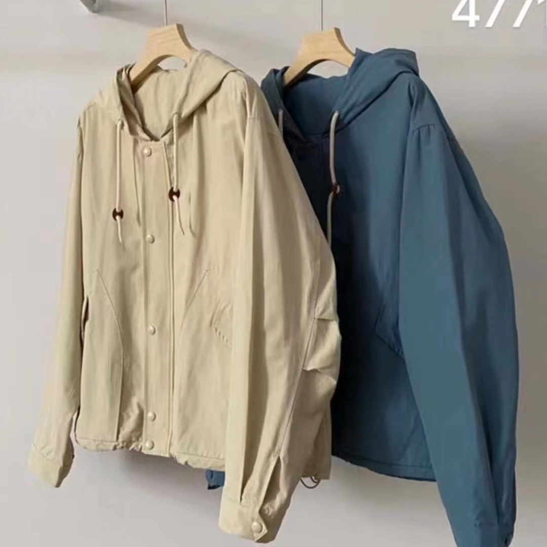 “洋芋粉”蓝色日系连帽立领小风衣外套