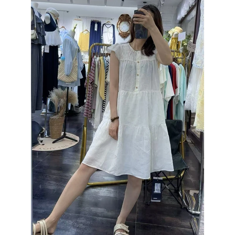 夏季新款娃娃款韩范欧货宽松遮肉减龄拼接连衣裙麻料中长款裙子潮