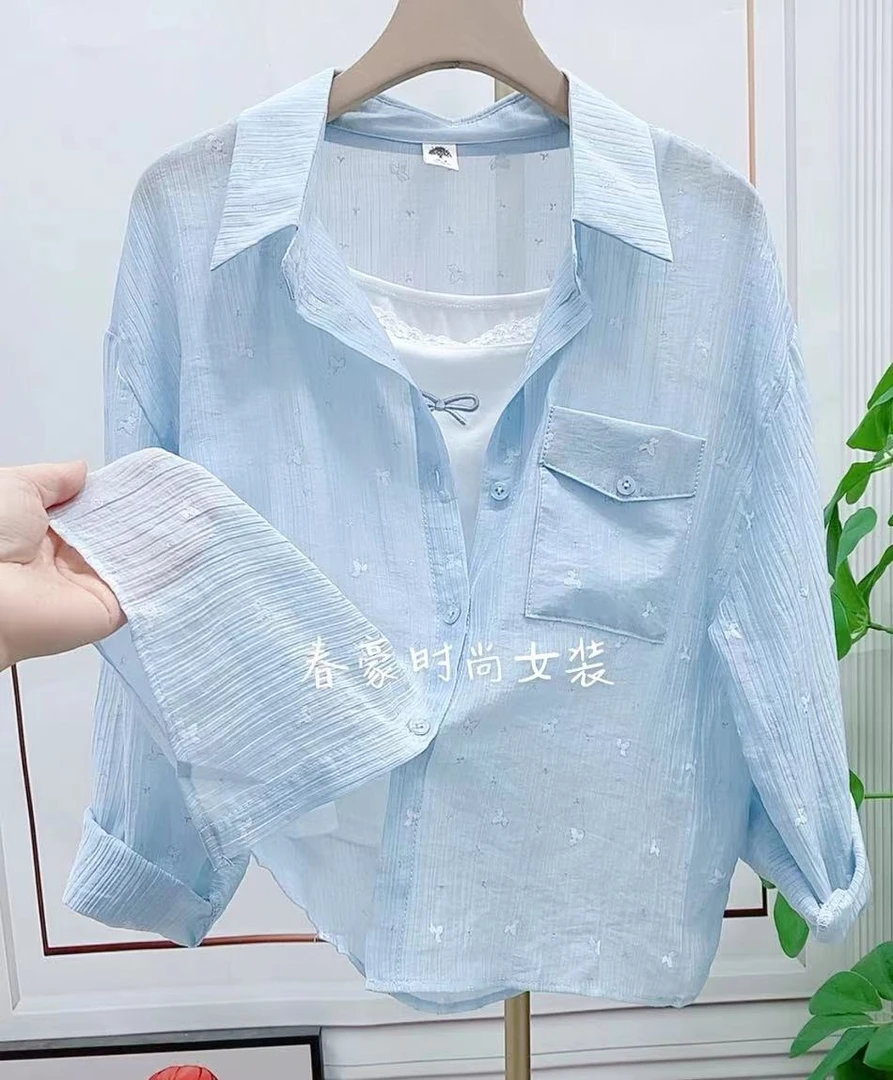 薄款防晒衬衫吊带女夏季2025新款印花设计感宽松微透洋气衬衣