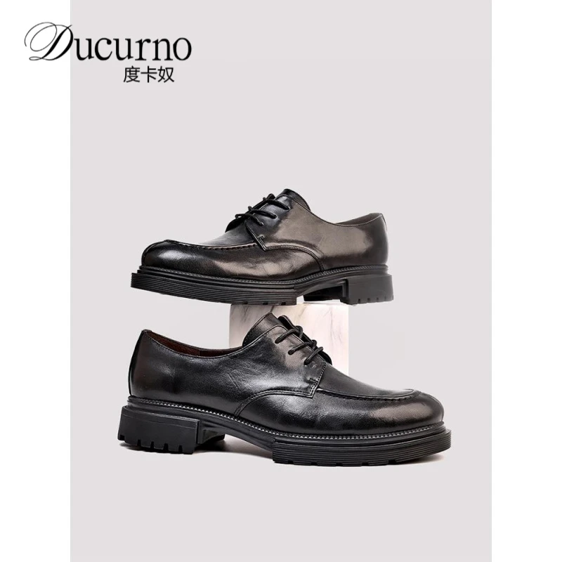 男士秋季商务休闲皮鞋新款透气德比鞋高端系带平底鞋厚底皮鞋