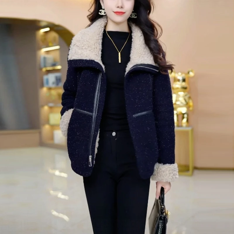 纯色加厚保暖皮毛一体气质外套2025冬季新款韩版时尚洋气短款上衣