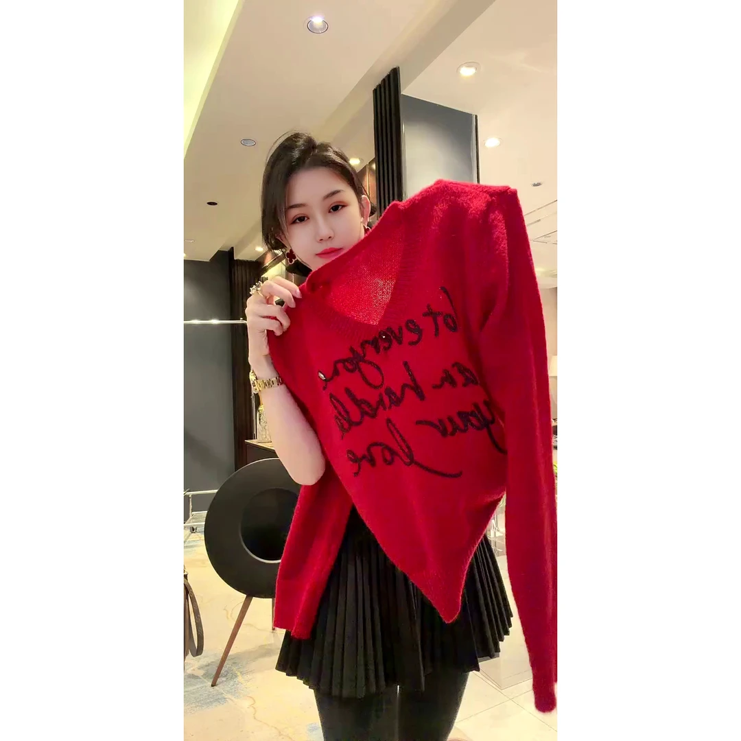 柔软撞色字母V领长袖针织衫2025年冬季新款休闲套头针织上衣