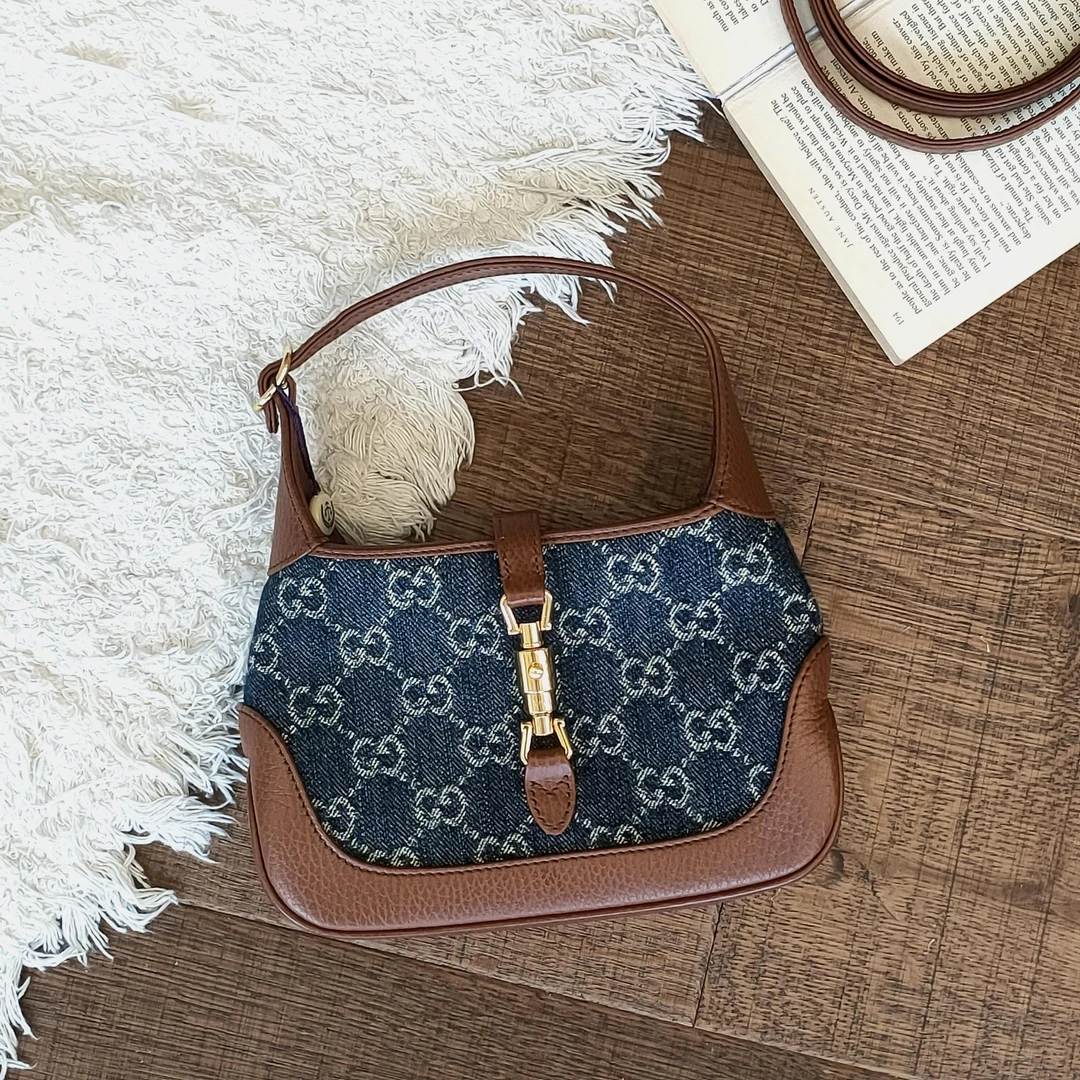 95新 GUCCI/古驰 Azul-蓝色牛仔拼皮jackie mini手提斜挎包45509