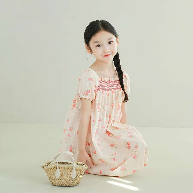 utouto大耳象女童打揽碎花连衣裙2025夏季新款纯棉长裙子2503520