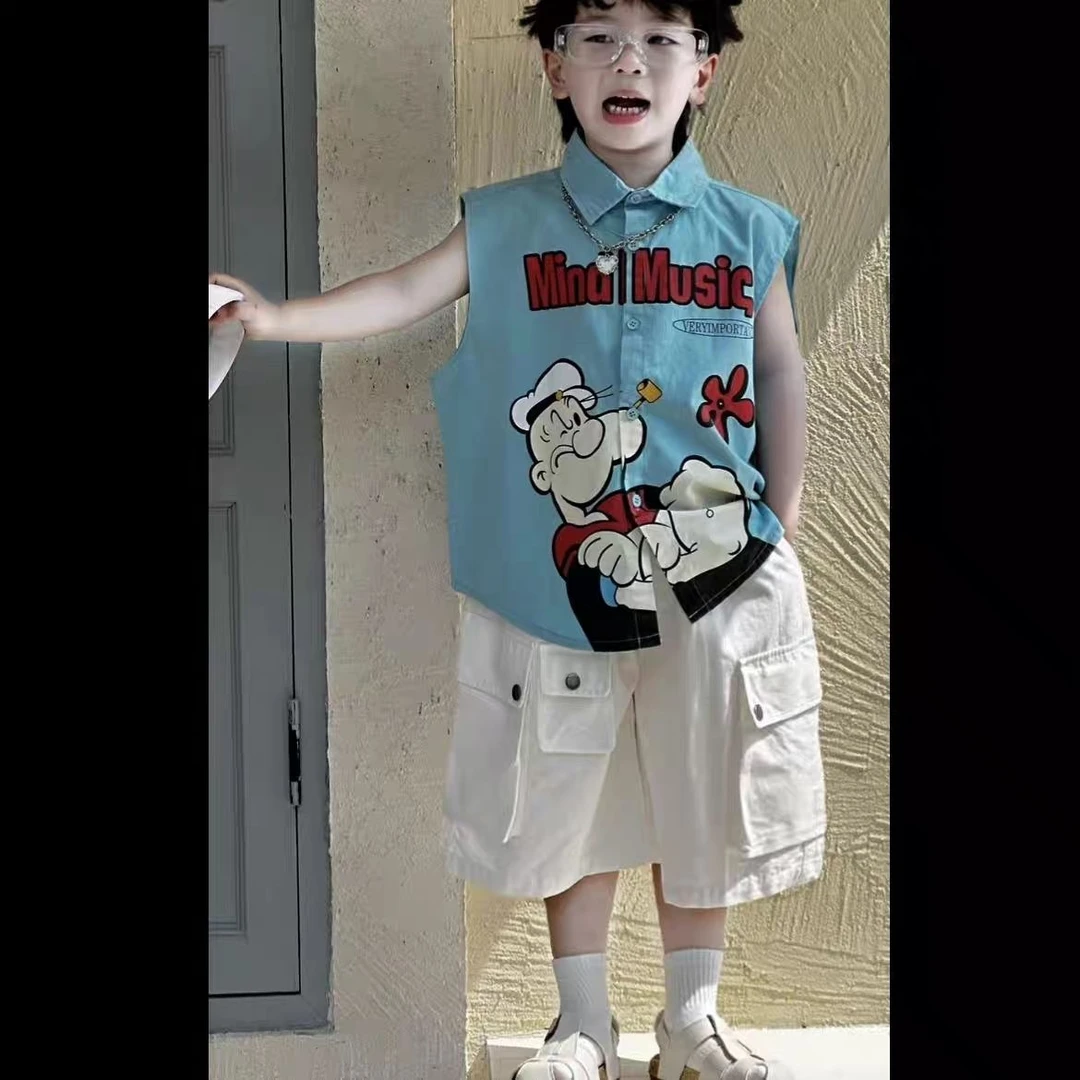 男童夏季新款夏装无袖帅气儿童卡通印花衬衫套装洋气工装裤 XT