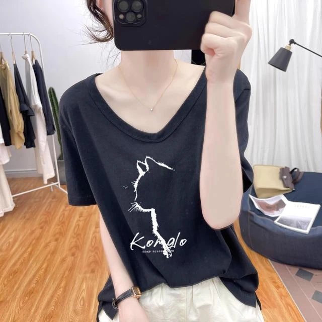 雪花棉短袖T恤女2025年夏季新款鹅领宽松胖mm大码高级感正肩上衣