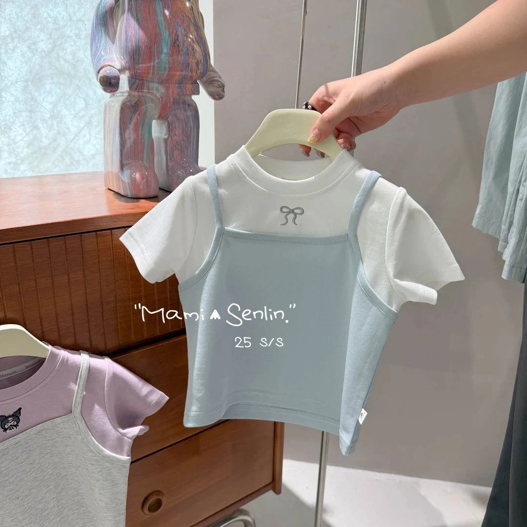 女童夏装短袖T恤2025新款夏季女宝宝韩系洋气百搭撞色假两件上衣