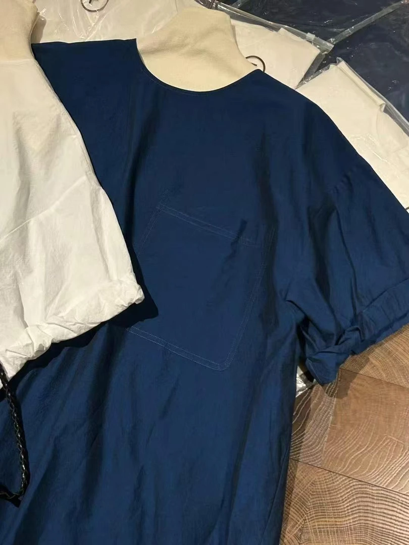 南油宽松百搭蓝白匹马棉上衣女款夏季蓝色纯色休闲泡泡袖