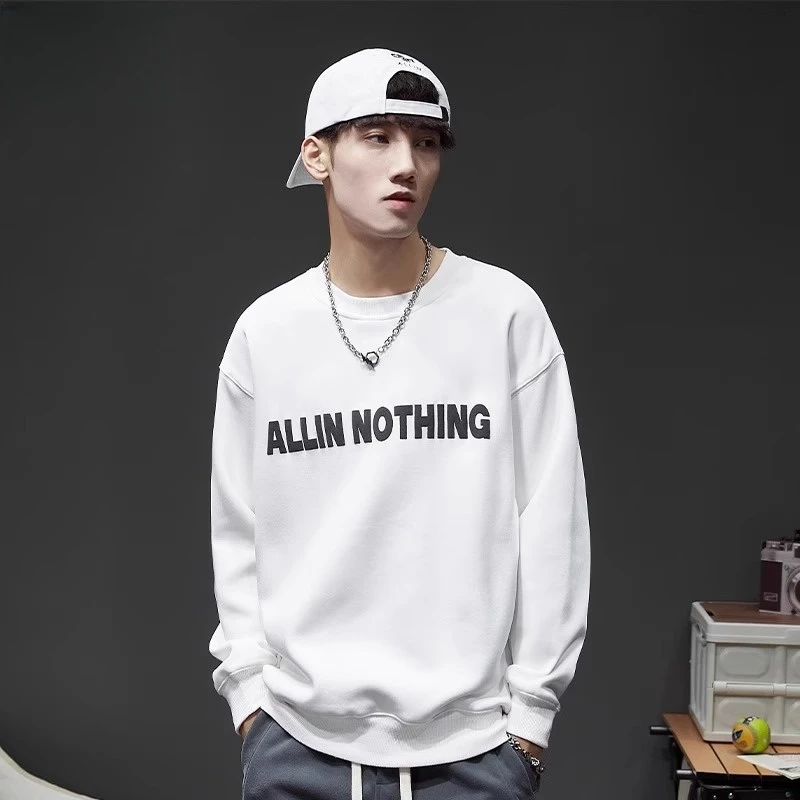 圆领卫衣男春秋字母印花宽松长袖t恤体恤白色无帽套头打底衫