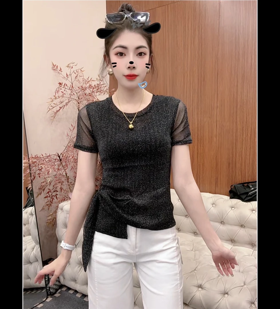 月月家，时尚新款飘带显瘦女人味网纱遮肉时尚洋气圆领上衣8660