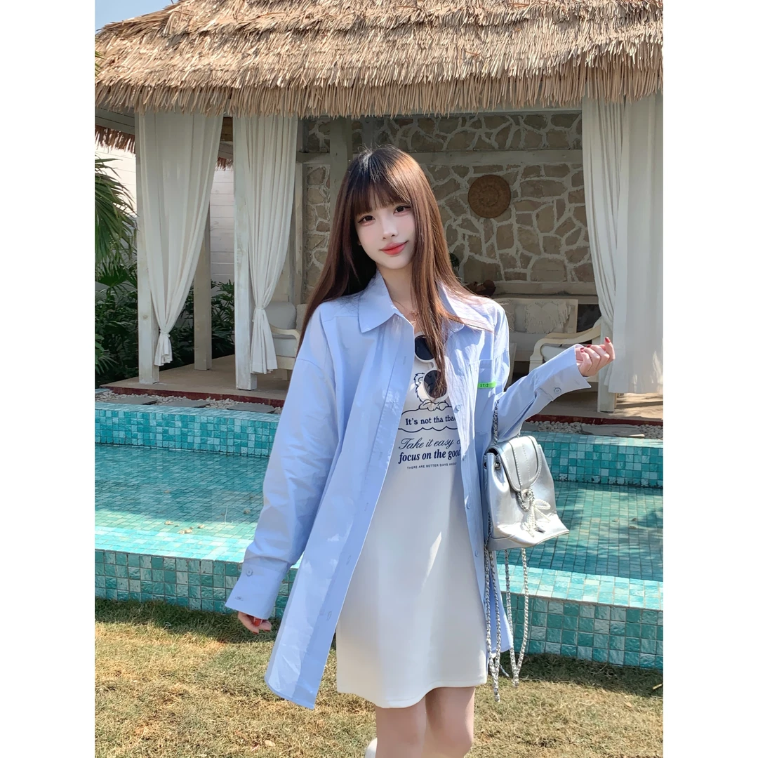 【猪猪队运费补贴】春季胖mm显瘦韩系减龄衬衫外套+白色背心裙