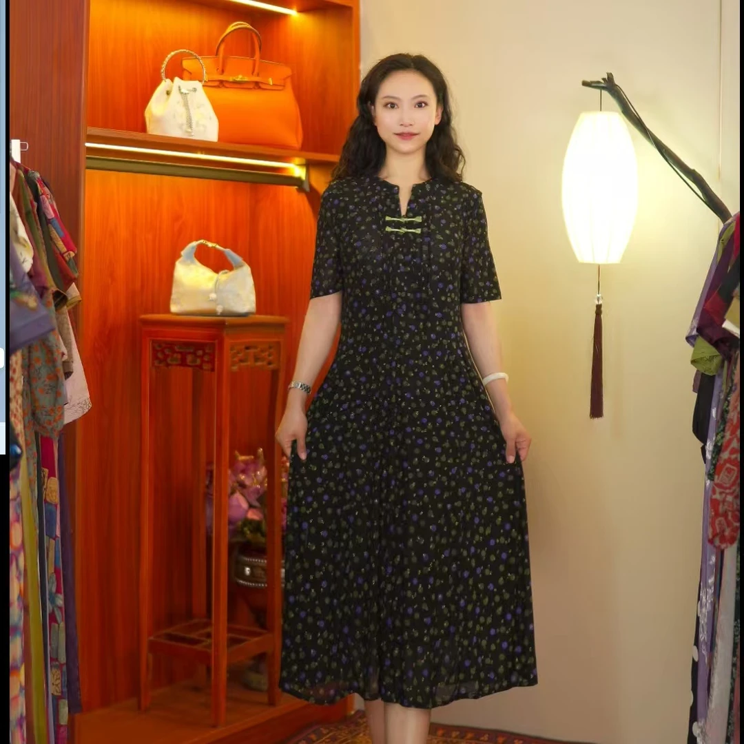 JZ【紫碎花】气质中长款时尚连衣裙百搭遮肉裙子10143