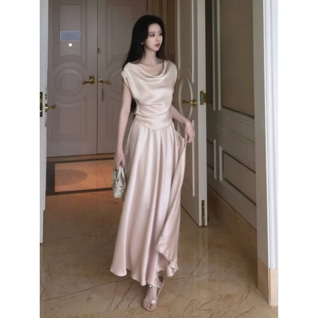 2025夏季斜裁荡领微喇半身长裙极简缎光仿醋酸套装高个子加长版型