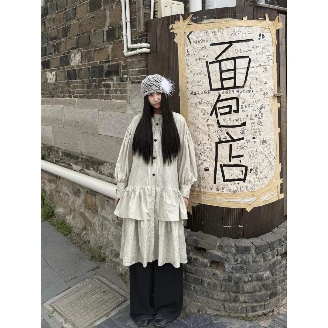 新中式荷叶边假两件连衣裙子女早秋季2025新款覆古长袖衬衫裙松弛