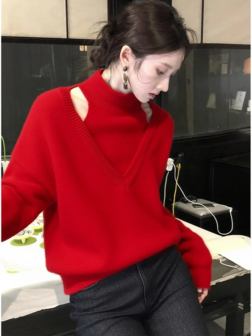 巨好看的早秋穿搭气质轻熟韩系高级感红色针织衫叠穿背心假两件女