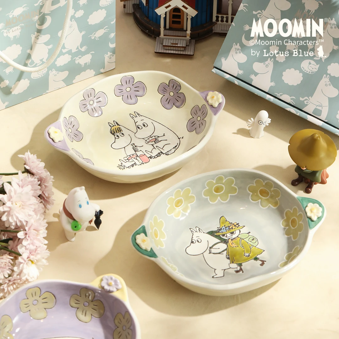 蓝莲花moomin姆明早餐盘子高颜值高级感轻奢手绘双耳陶瓷菜盘餐盘