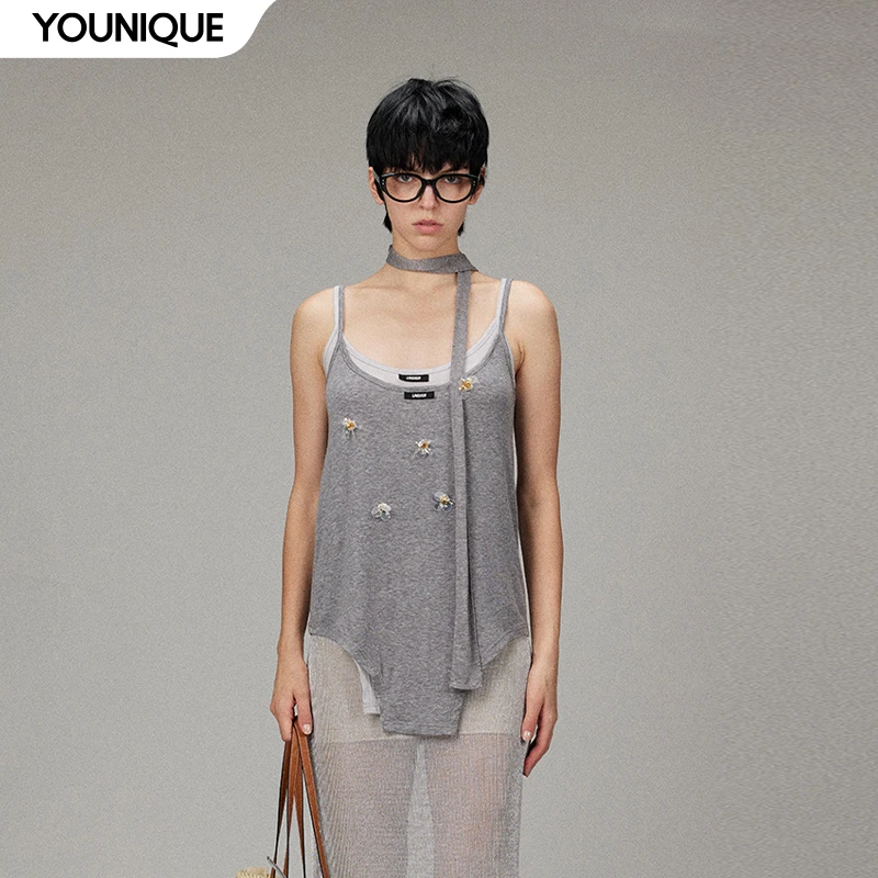 【LACERTA】新品25春夏珠片花飘带叠穿两件套吊带女