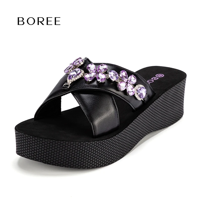 宝人百搭一字拖增高夏季休闲中跟女鞋夏季女款小码凉拖厚底沙滩鞋