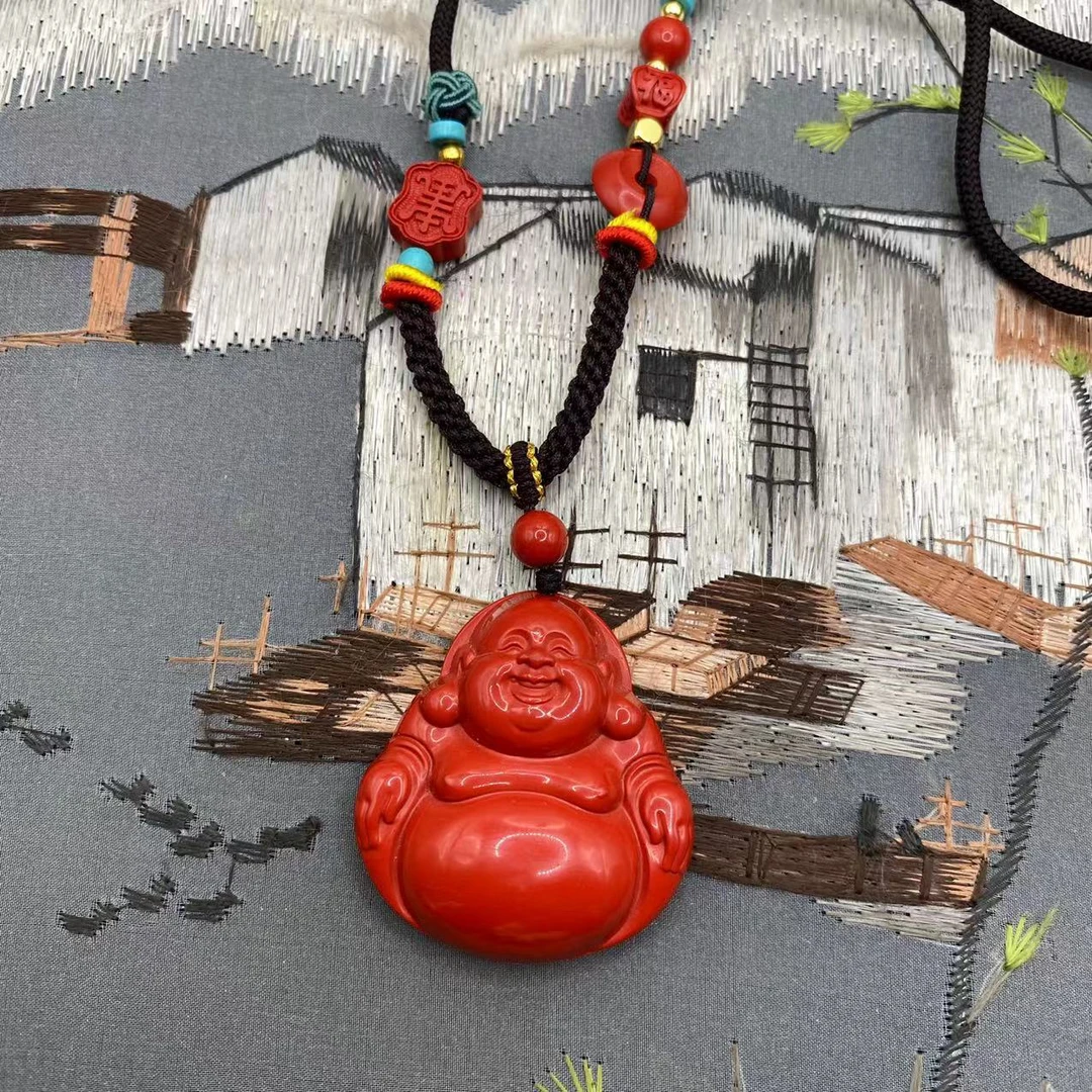 含辰砂工艺品【朱砂工厂】红砂设计款笑口常开大肚弥勒佛佛公吊坠