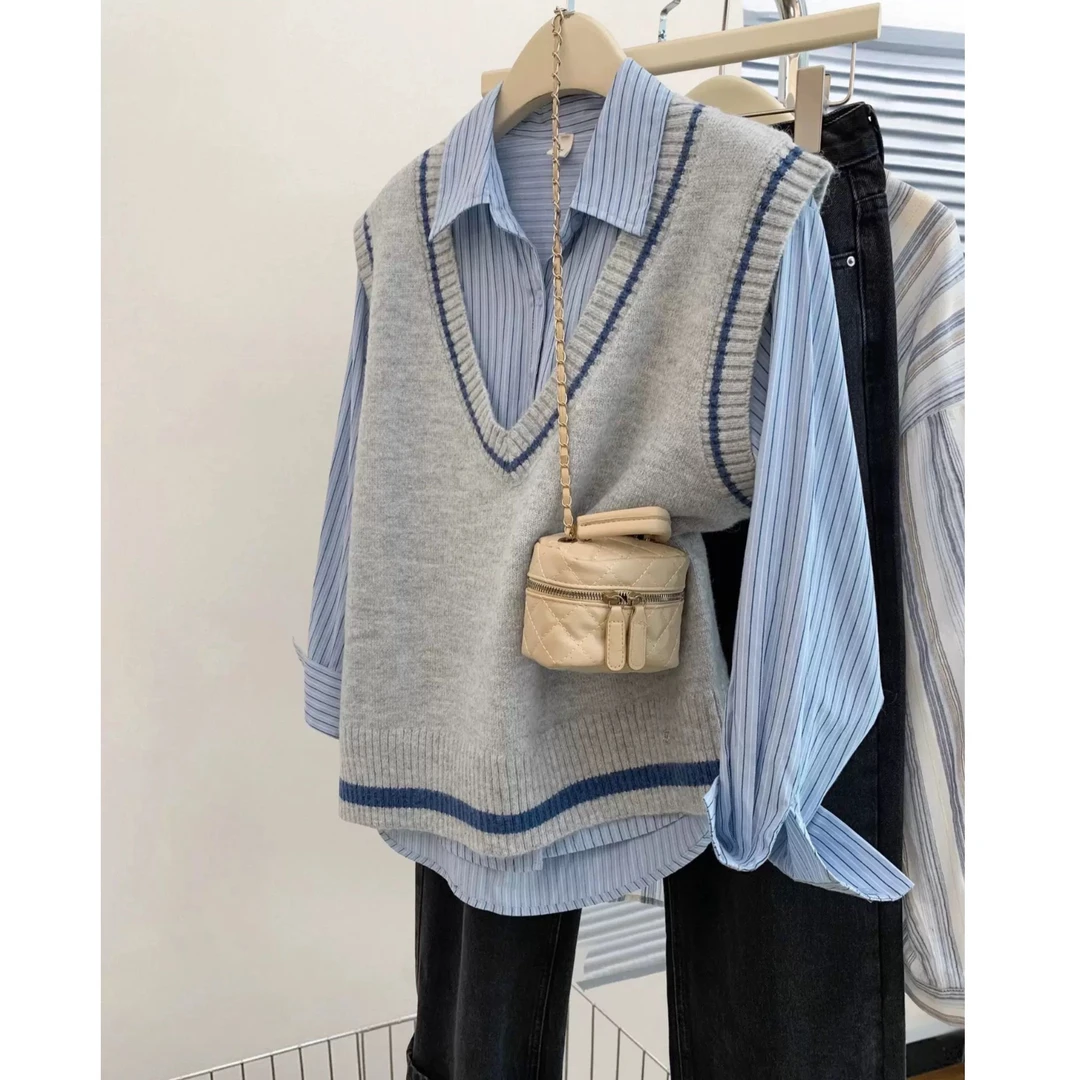 MEIZHENZI2025早春新款灰色V领针织马甲背心女春秋坎肩叠穿上衣