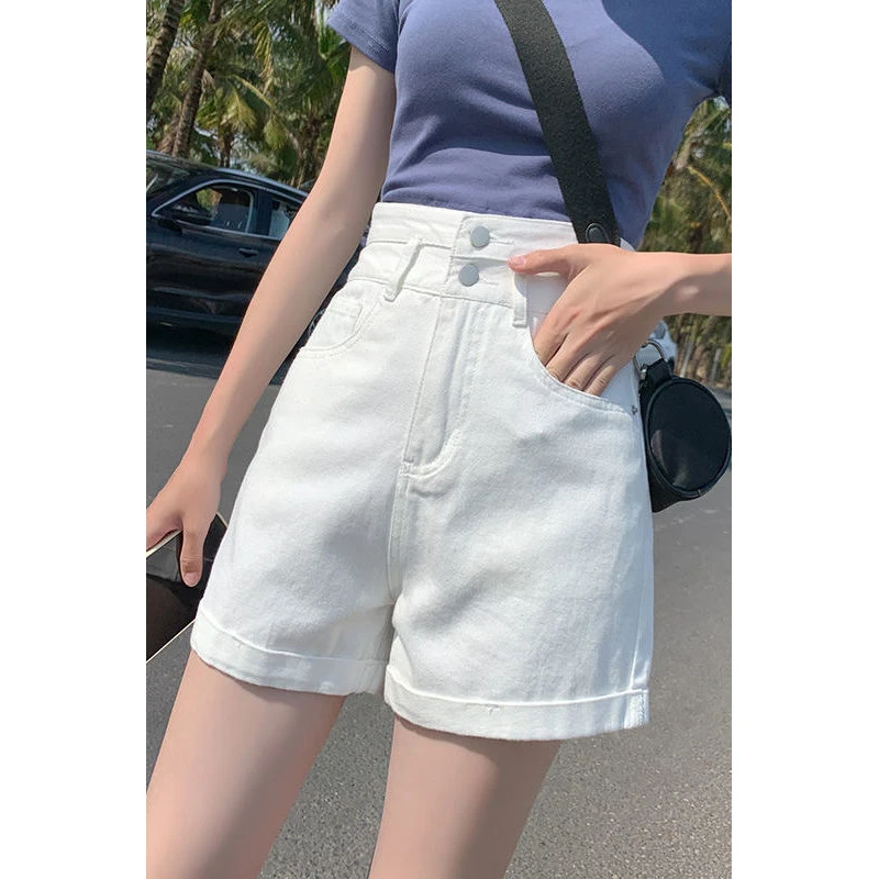 白色宽松牛仔短裤女2025年夏季高腰双扣a字卷边显瘦学生夏天热裤