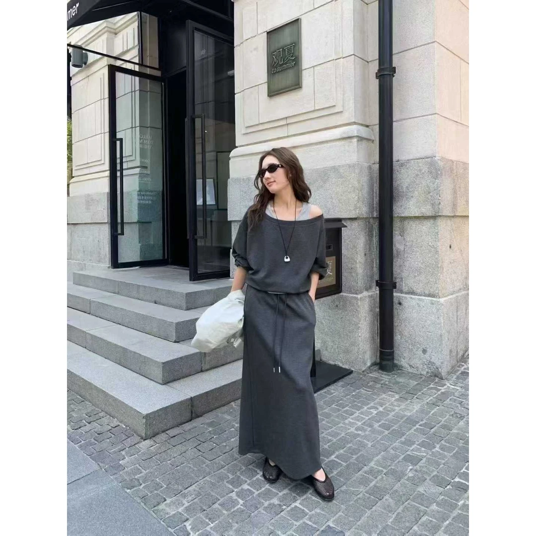 休闲运动套装裙女慵懒风秋季撞色拼接假两件卫衣上衣半身裙两件套