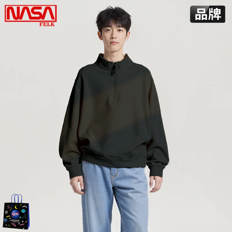 NASA男士半拉链立领德绒磨毛T恤纯色长袖打底衫简约内搭保暖内衣