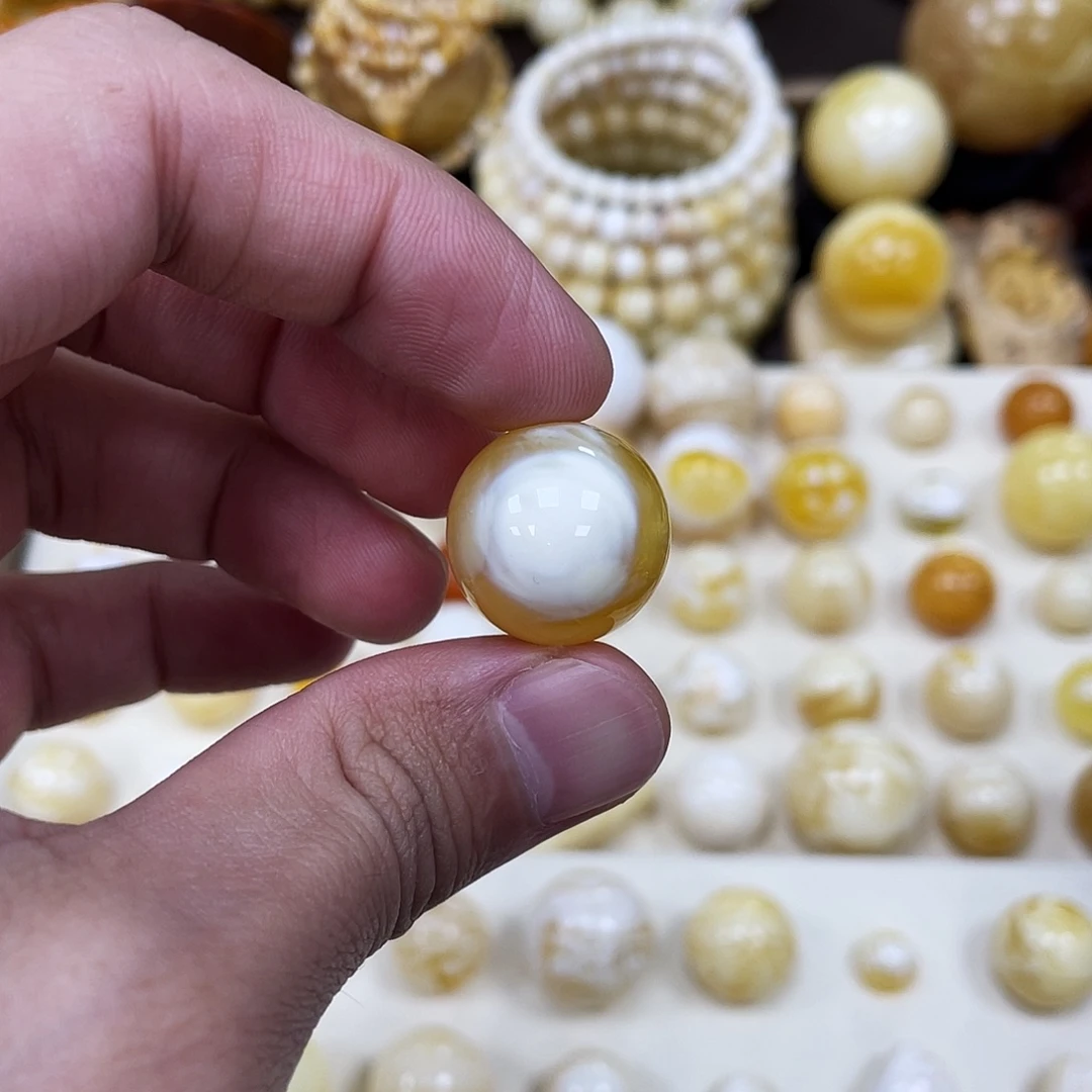 蜜蜡未镶嵌珠宝奇石18.8mm【天眼妖花金瓷白】瑕疵圆珠