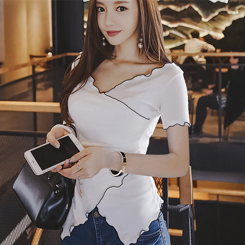 夏装短袖不对称木耳边V领性感显瘦撞色T恤小众设计感打底时尚上衣