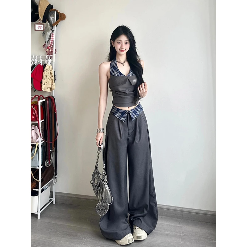 夏季新款韩系辣妹格纹拼接挂脖背心套装女高腰阔腿拖地裤子两件套