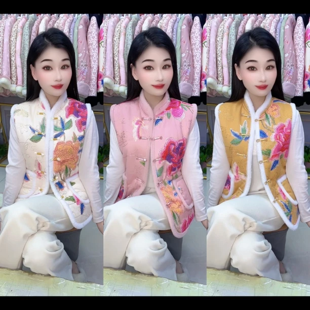 秋冬季新款新中式立领厚款马夹唐装服装上衣女士国风棉马甲
