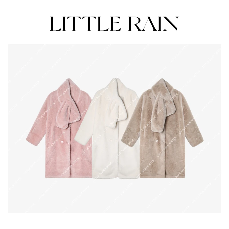 小雨姐姐【粉蔷暖绒】时尚设计感中长款宽松短款休闲外套加围巾新款