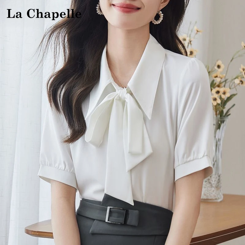 La Chapelle/拉夏贝尔短袖衬衫女纯欲慵懒风女装新款蝴蝶结上衣