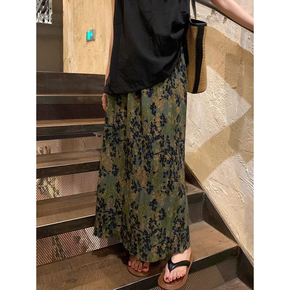 气质高腰显瘦褶皱碎花半身裙女夏季2025新款百搭中长款百褶裙子潮