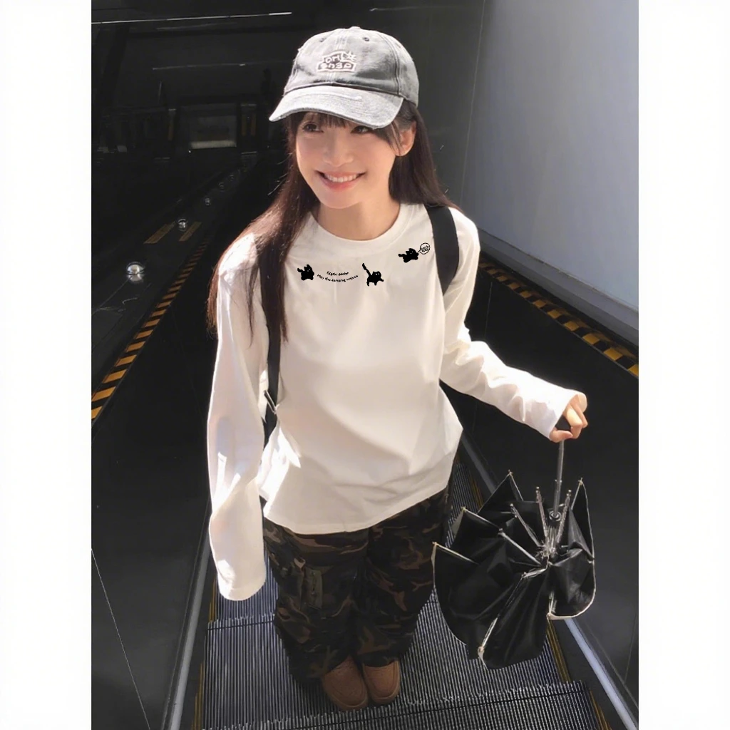 设计感小众chic港味纯棉长袖T恤女秋季百搭宽松高级感打底衫上衣