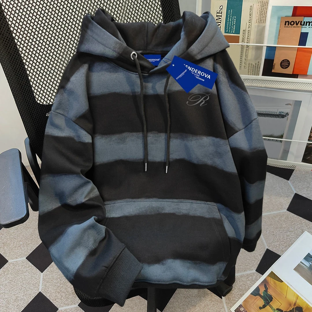 美式文艺复古街头扎染横条连帽卫衣男女秋冬加绒加厚宽松显瘦上衣