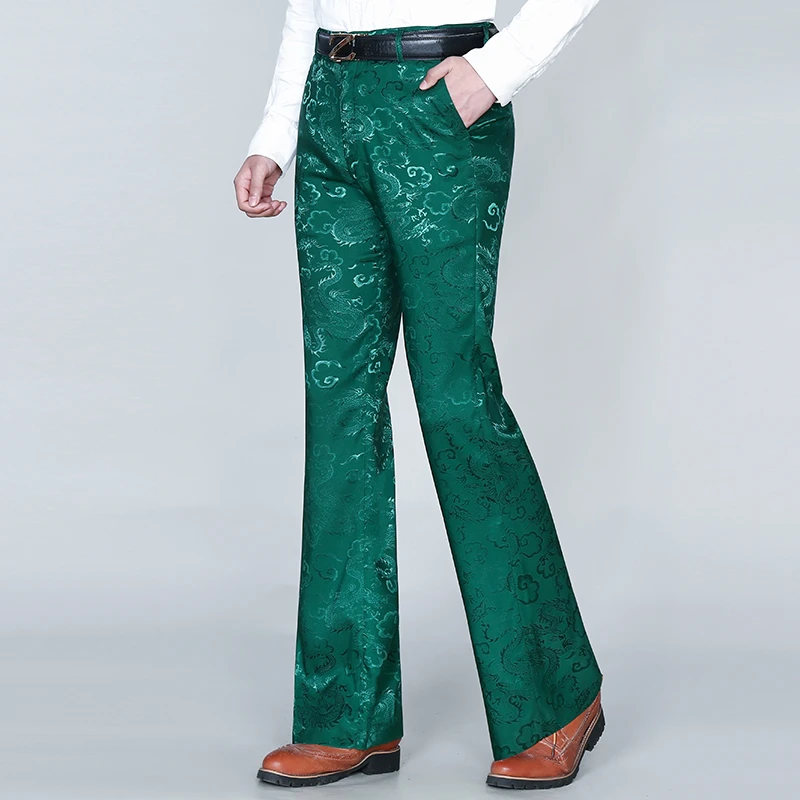 夏季薄款龙纹喇叭裤男弹力国潮花色阔腿大脚西装裤国风中国龙男裤