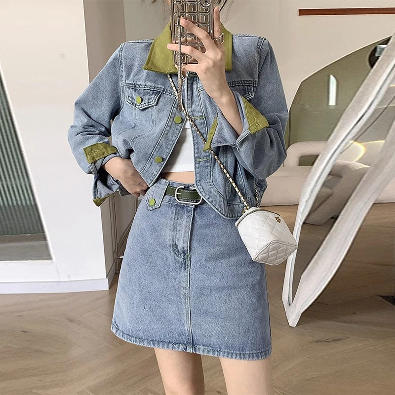 减龄气质设计感撞色牛仔套装女秋冬新款大尺码外套短裙半身裙两件