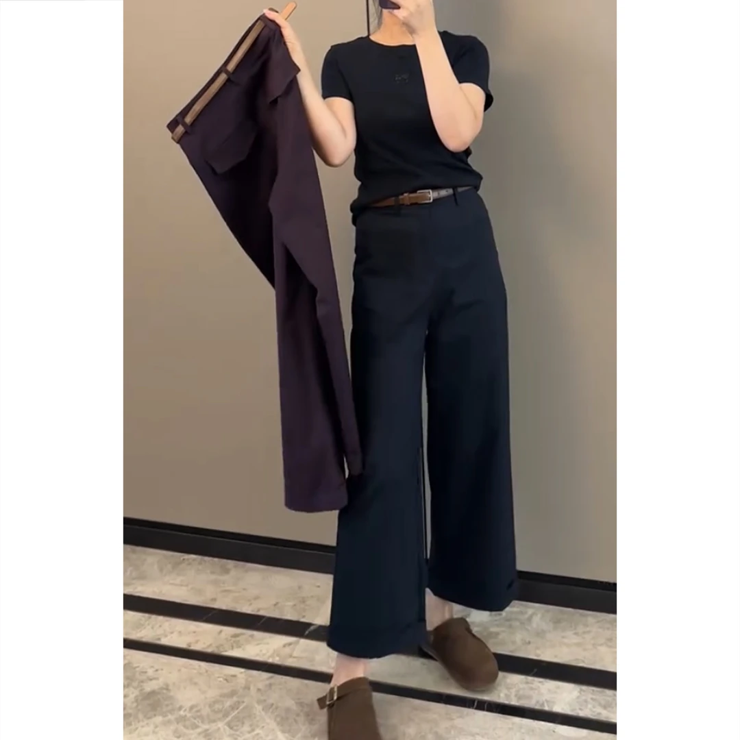 艾塔莉秋季女款气质休闲裤百搭宽松显瘦阔腿裤时尚山本裤口袋复古