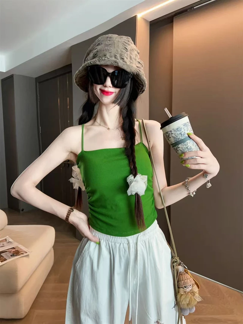 绿色抹胸挂脖露背吊带背心女外穿带胸垫美背文胸一体打底内搭上衣