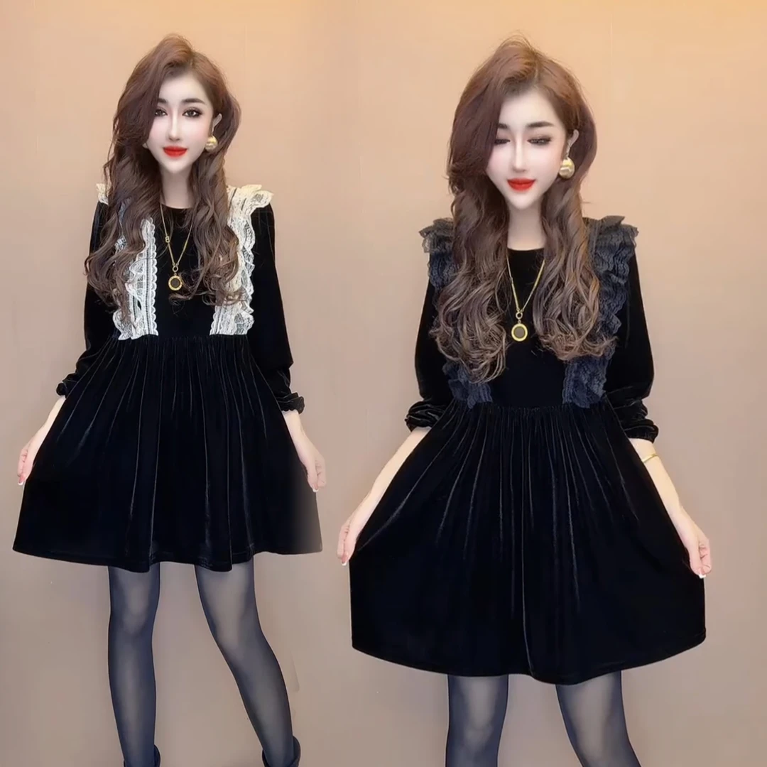 韩版宽松圆领长袖丝绒拼接蕾丝微胖洋气显瘦黑色丝绒连衣裙秋冬女