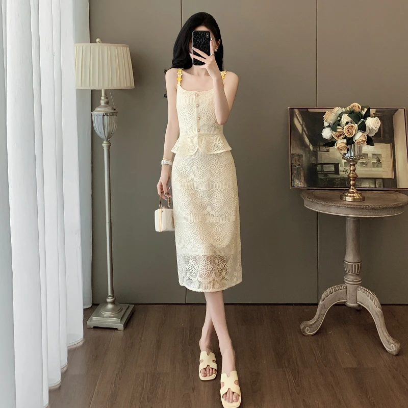 新中式中国风时尚套装吊带短上衣气质镂空裙子显瘦法式女装性感风